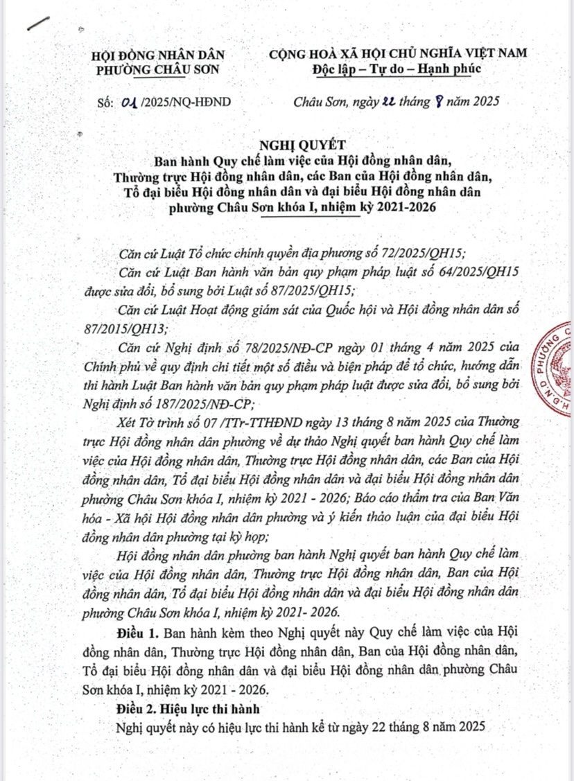 HĐND phường Châu Sơn ban hành Nghị quyết về Quy chế làm việc của HĐND, TTHĐND, các Ban của HĐND, tổ đại biểu HĐND và đại biểu HĐND phường khóa I, Nhiệm kỳ 2021-2026